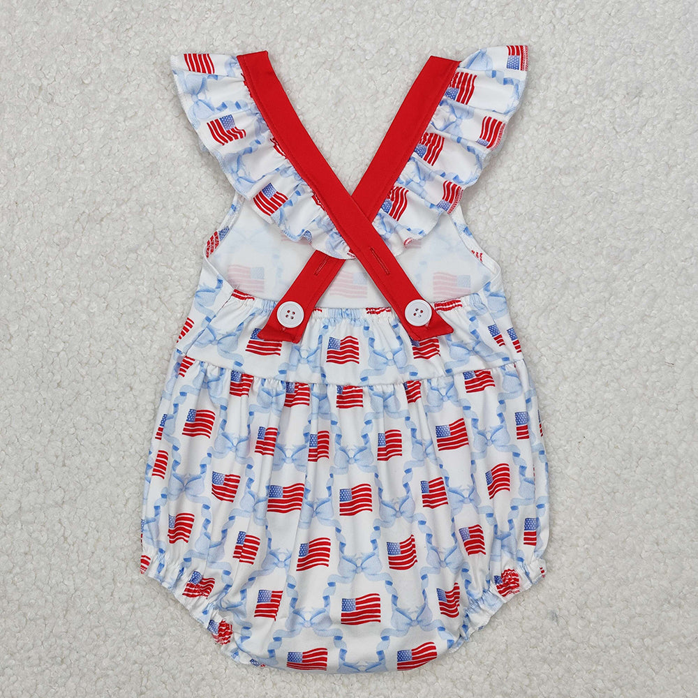 SR2331 Flag Bows Pockets Baby Girls 4th of July Strap Romper