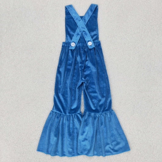 SR2445 Cartoon Dog Embroidery Blue Velvet Baby Girls Strap Overall Jumpsuits
