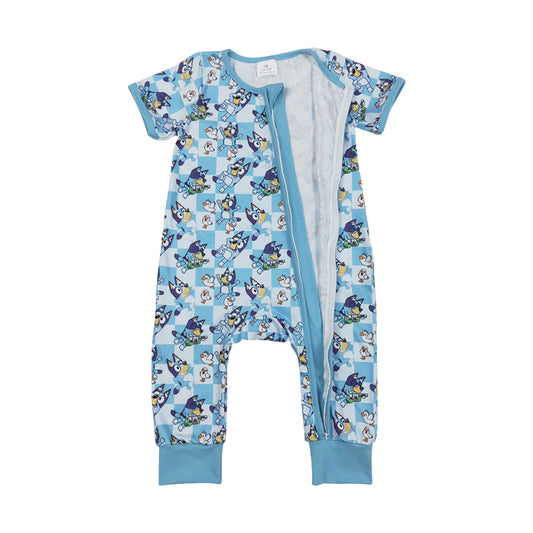 Baby Boys Cartoon Dog Blue Checked Short Sleeve Zipper Romper
