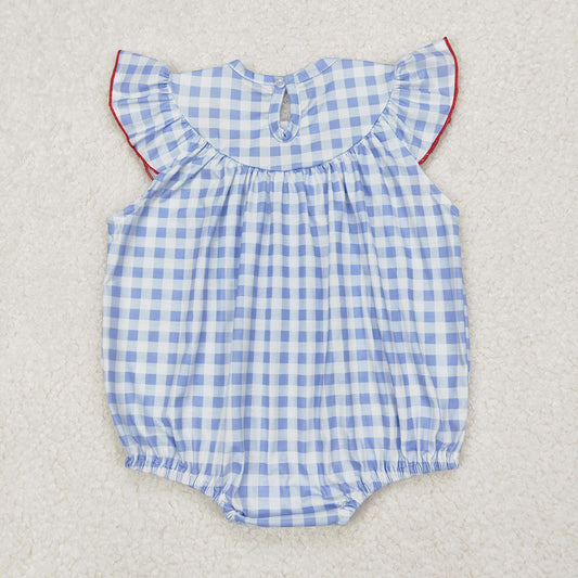 SR2571 Flag Embroidery Blue Plaid Baby Girls 4th of July Smocked Romper