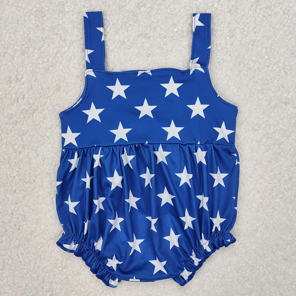 SR2607 Blue Stars Bow Baby Girls 4th of July Strap Romper