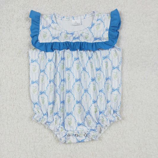 Sibling Baby Girls Blue Bows Flowers Rompers Dresses Clothes Sets