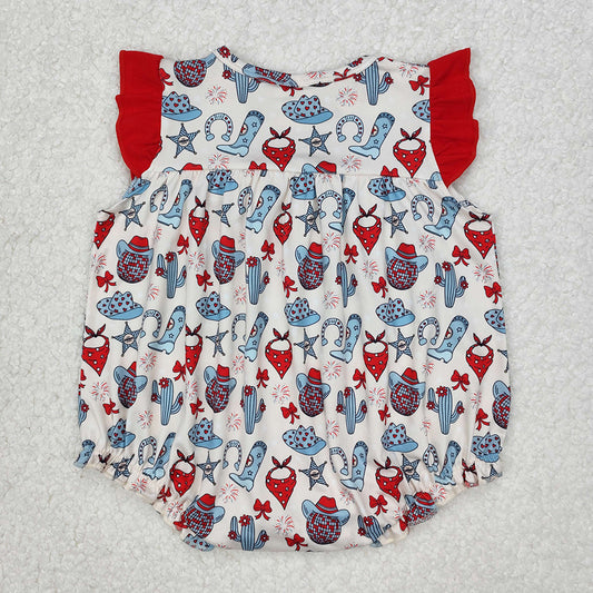 SR2680 Cowboy Hat Boots Stars Baby Girls 4th of July Western Romper