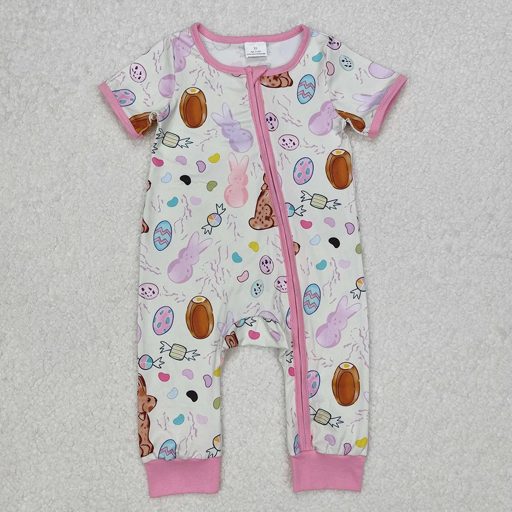 Sibling Baby Girls Boys Easter Rabbit Egg Shor Sleeve Pajama Set Zipper Romper