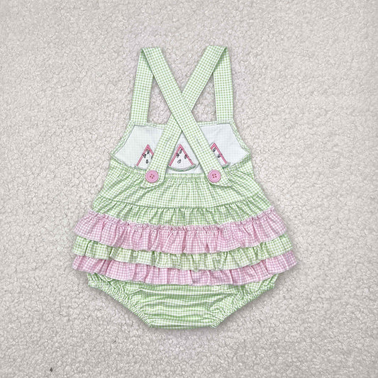 Embroidery Baby Infant Girls Summer Watermelon Green Ruffles Rompers