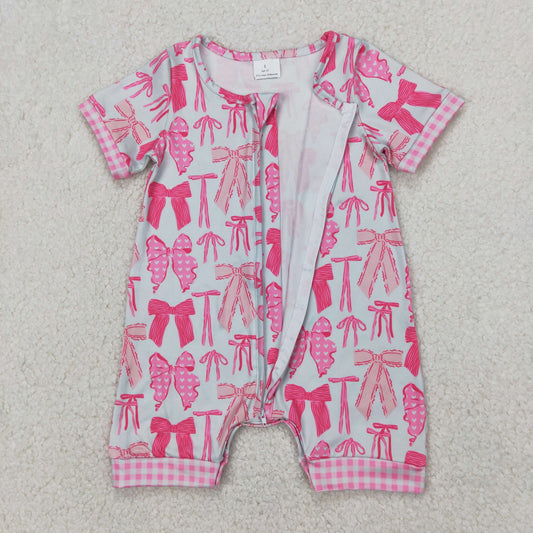 Toddler Girl Sibling Pink Bow Print Outfit +Short Sleeve Zipper Romper