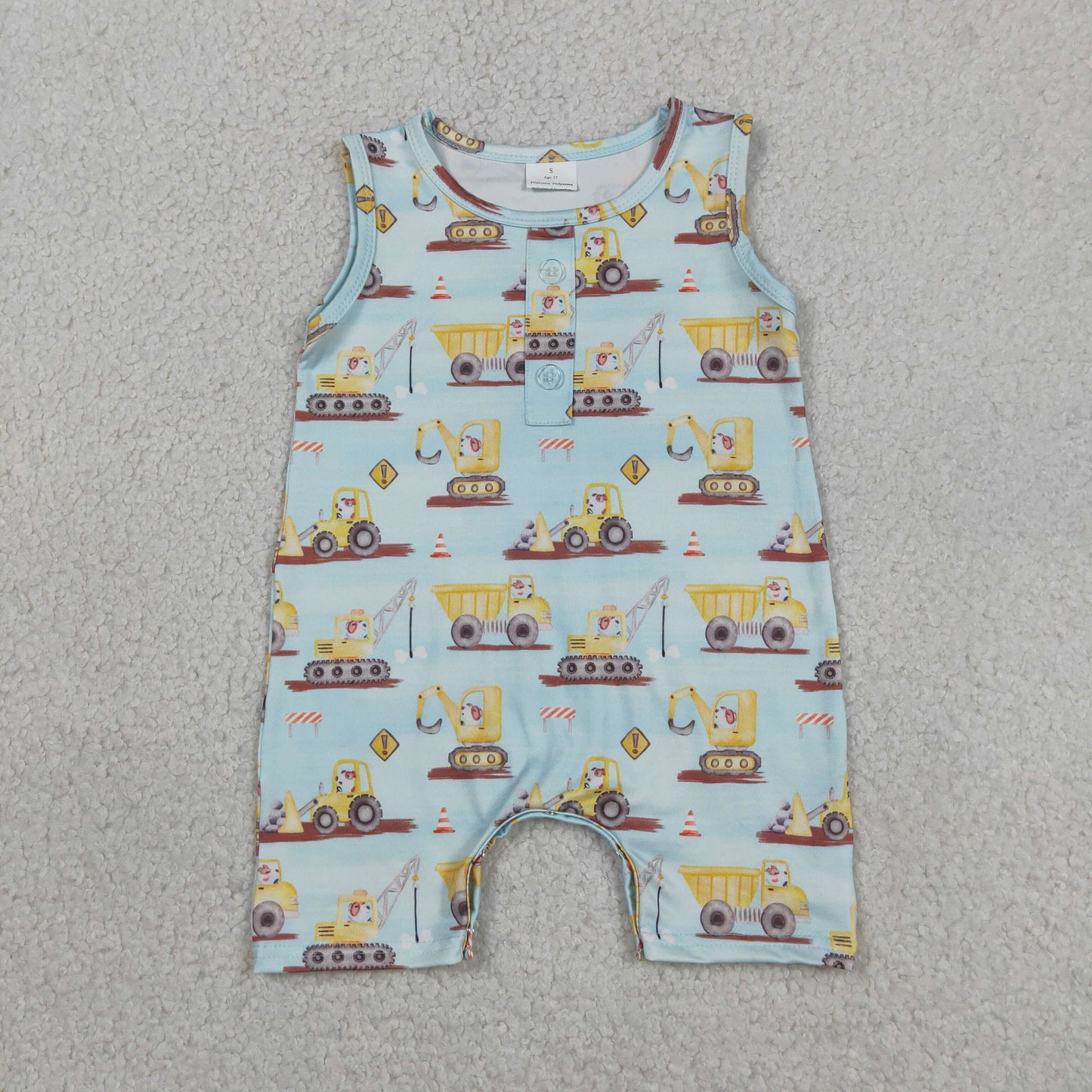 SR3085 Construction Trucks Print Baby Boys Summer Sleeveless Romper