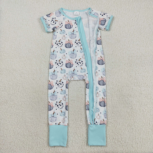 SR3109 Pumpkin Bows Blue Print Baby Girls Fall Zipper Sleeper Romper