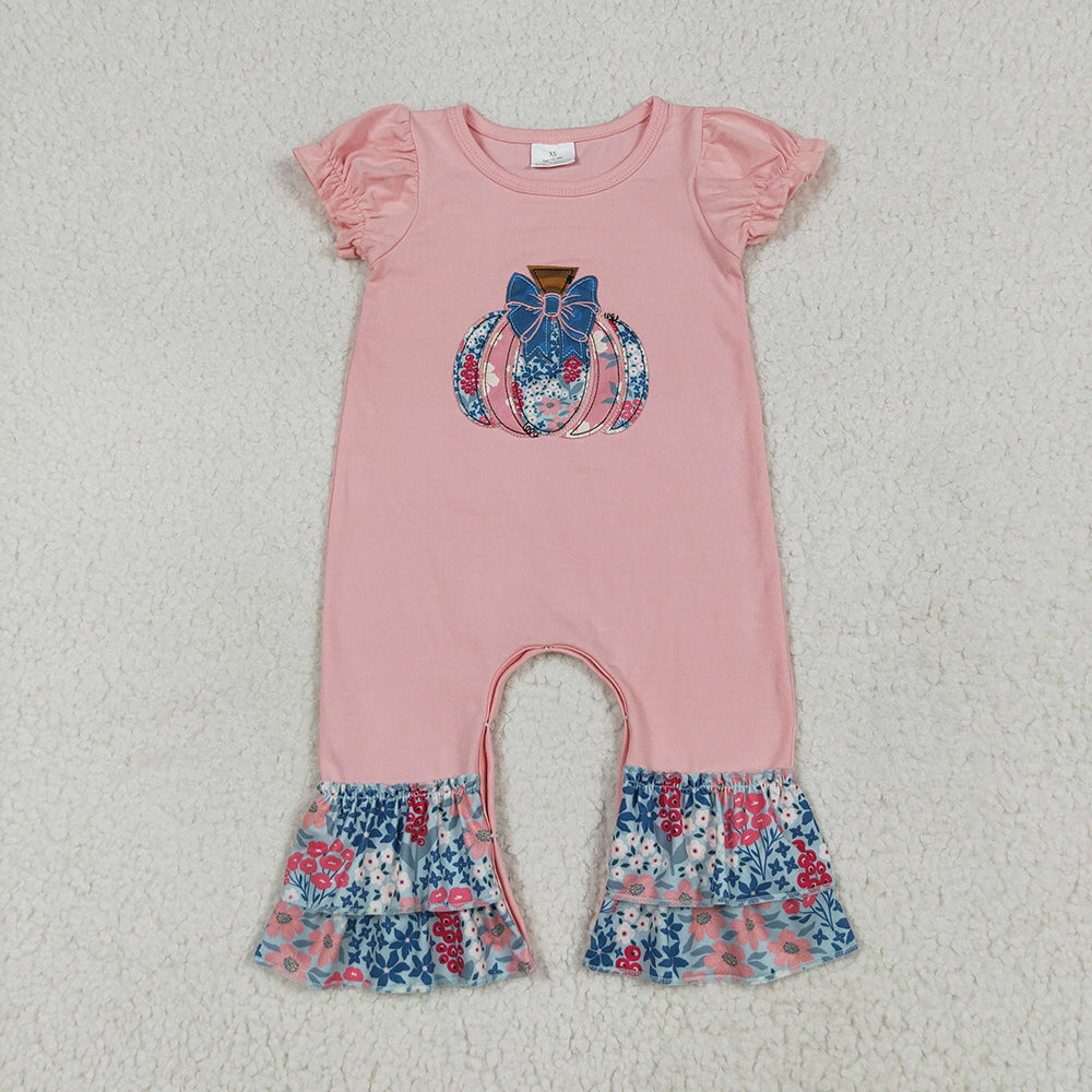 SR3112 Pumpkin Embroidery Flowers Ruffles Baby Girls Fall Romper