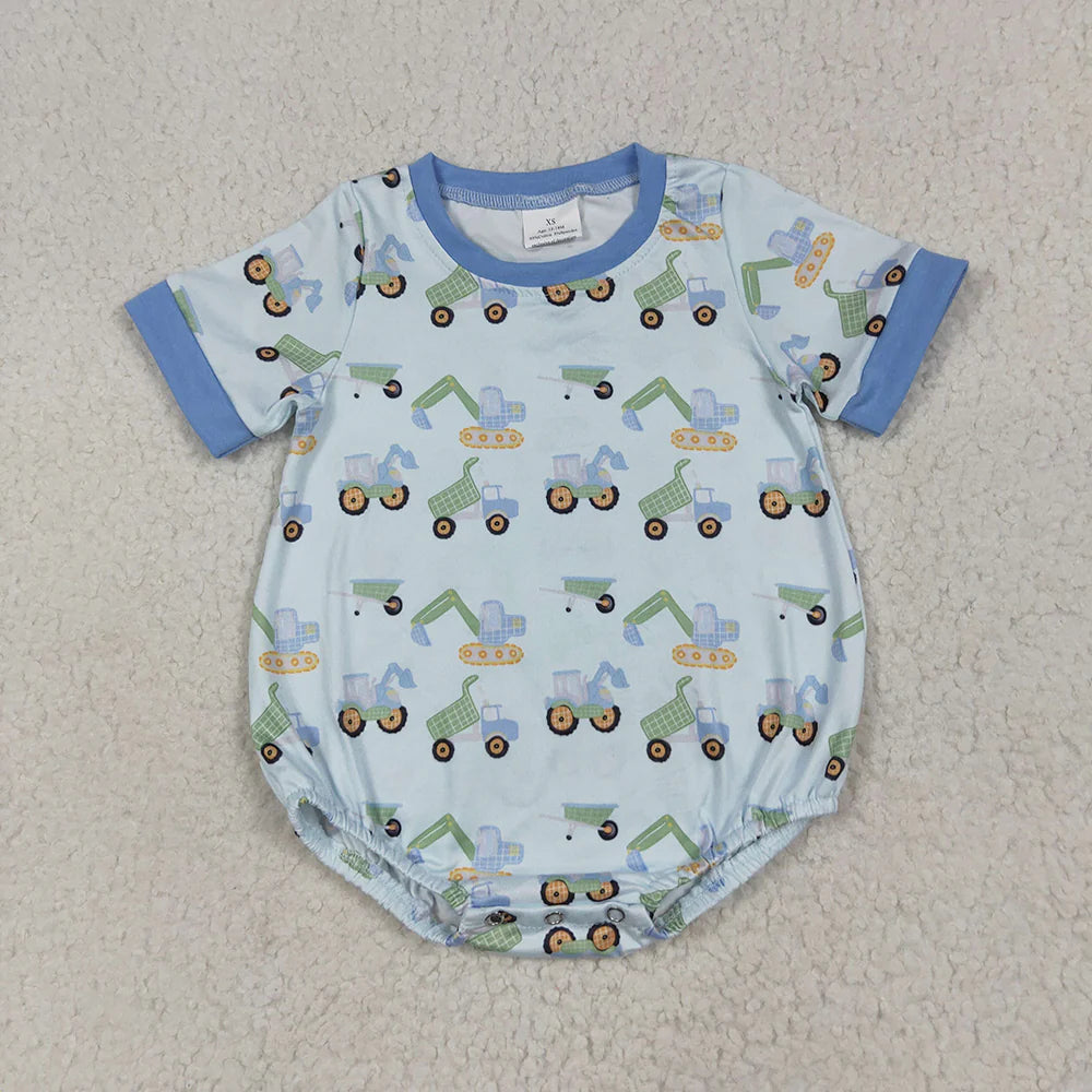 Baby Boys Short Sleeves Blue Excavators Plaid Rompers
