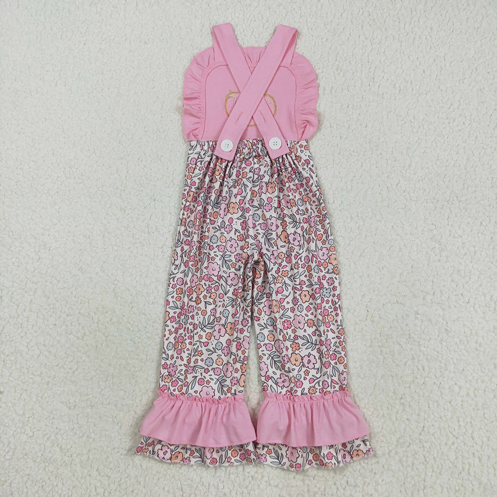 SR3176 Pumpkin Embroidery Flowers Pink Baby Girls Fall Strap Jumpsuits