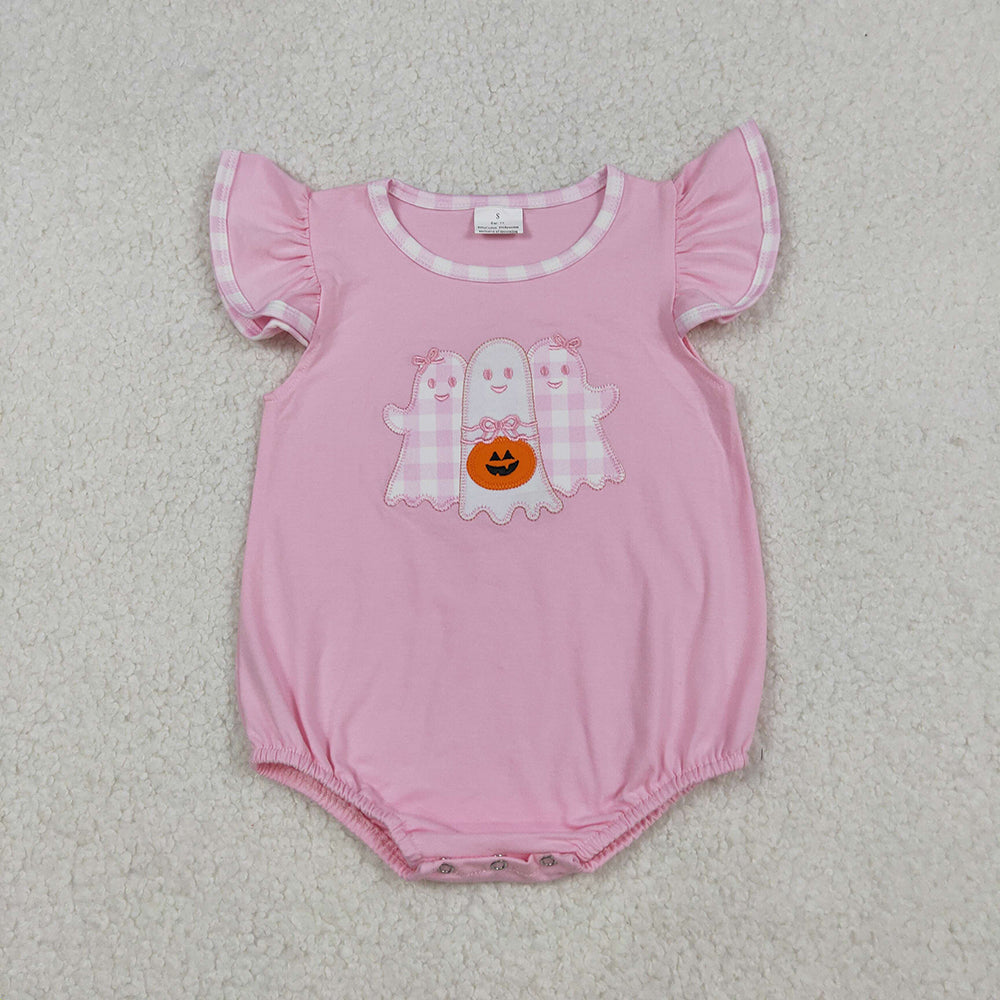 SR3196 Ghost Pumpkin Embroidery Pink Baby Girls Halloween Romper