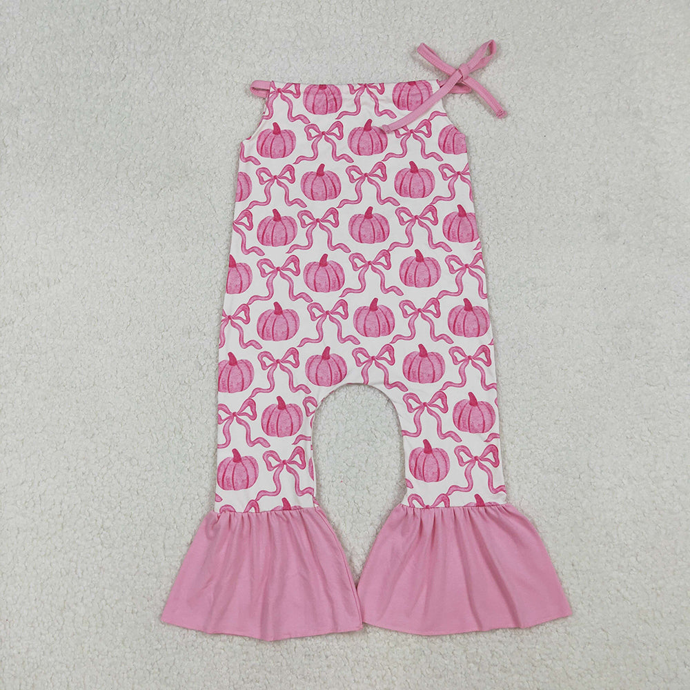 SR3200 Pumpkin Bows Pink Print Baby Girls Fall Halter Jumpsuits
