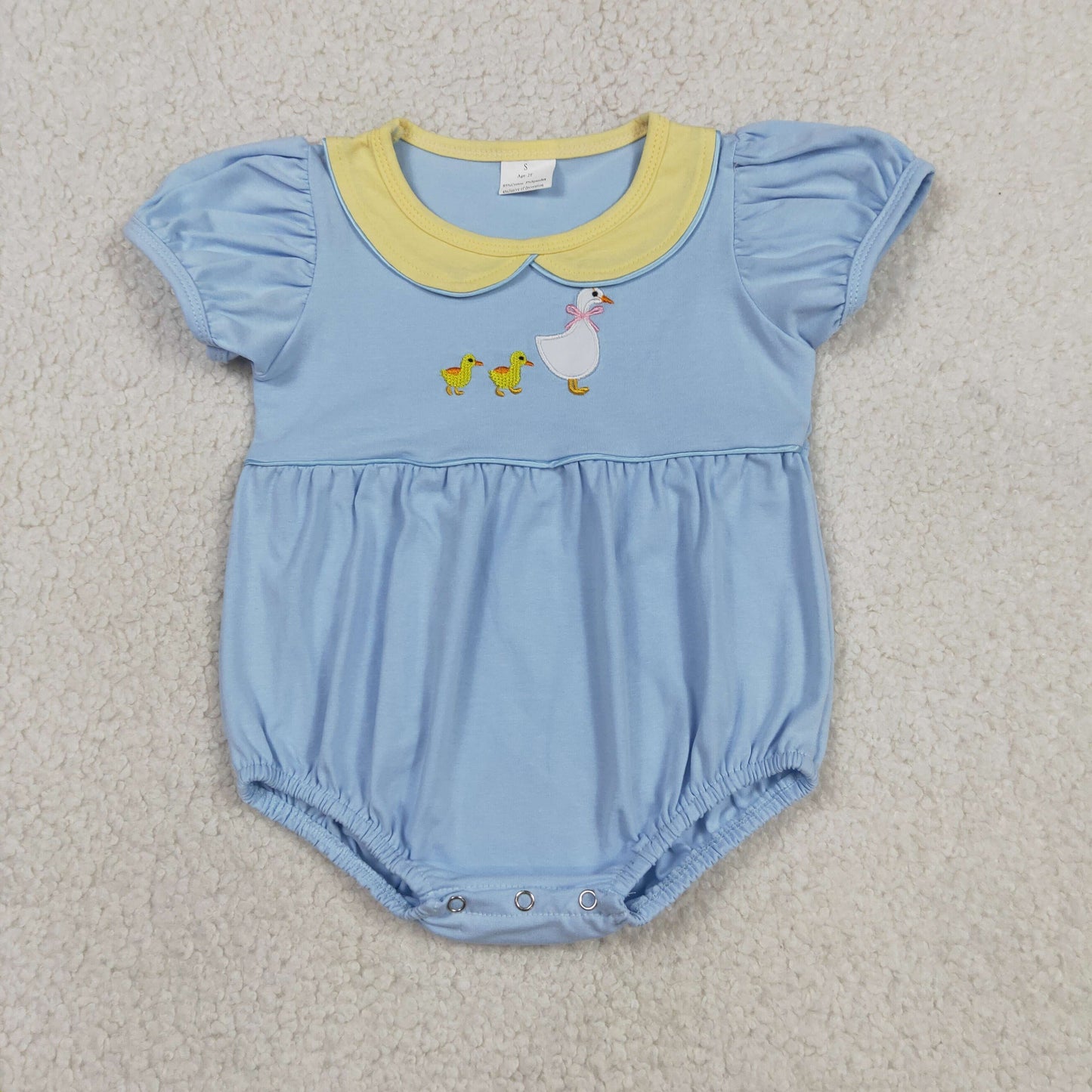 Baby Girl Duck Embroidery Romper - Light Blue Peter Pan Collar Bubble Onesie
