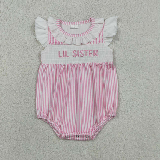 SR3593 LIL SISTER Embroidery Pink Stripes Print Baby Girls Smocked Romper