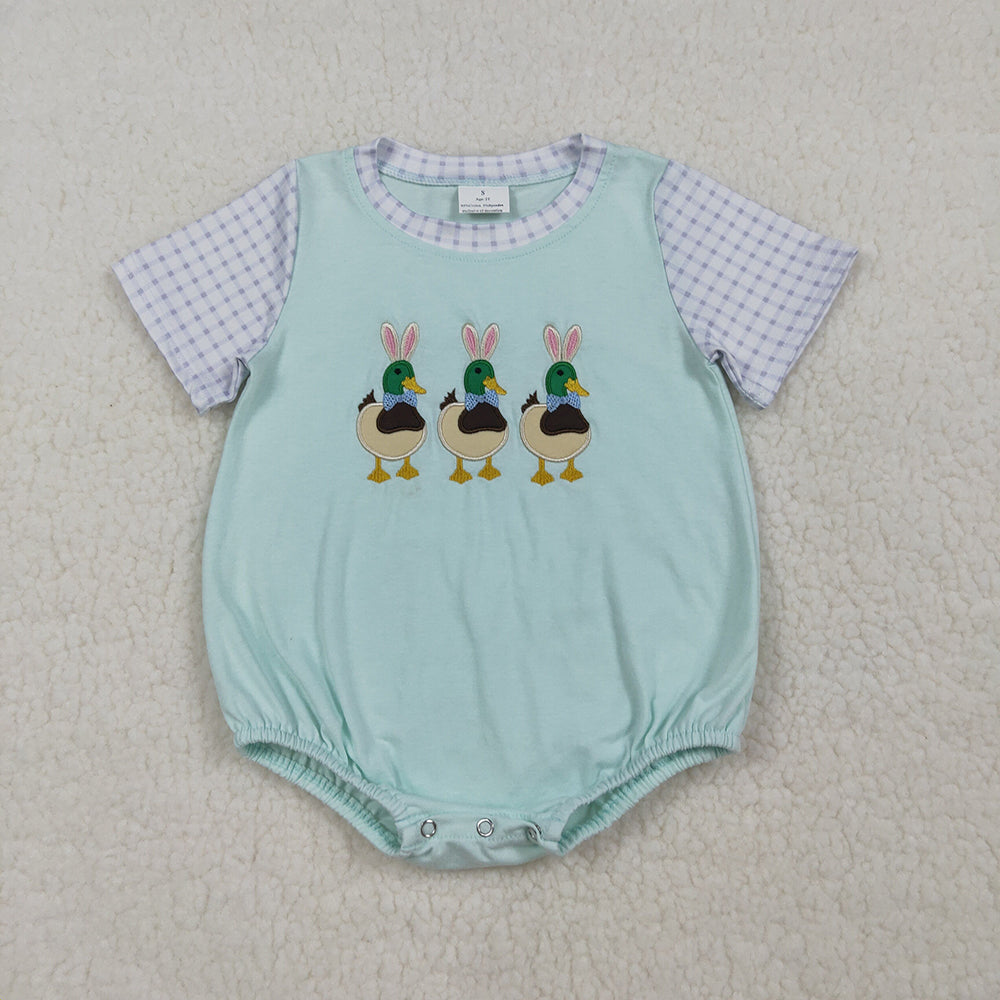 SR3630 Duck Embroidery Plaid Print Baby Boys Easter Short Sleeve Romper