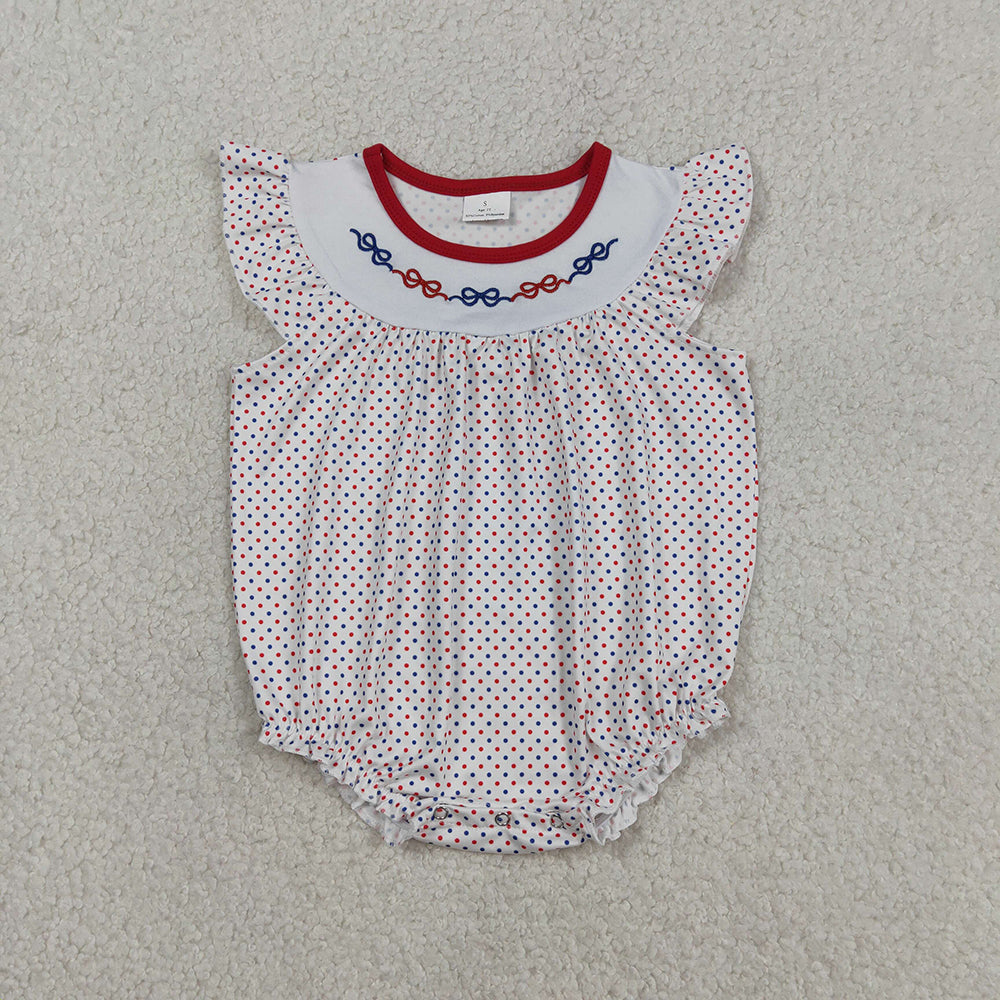 SR3706 Bows Embroidery Dots Print Baby Girls 4th of July Romper