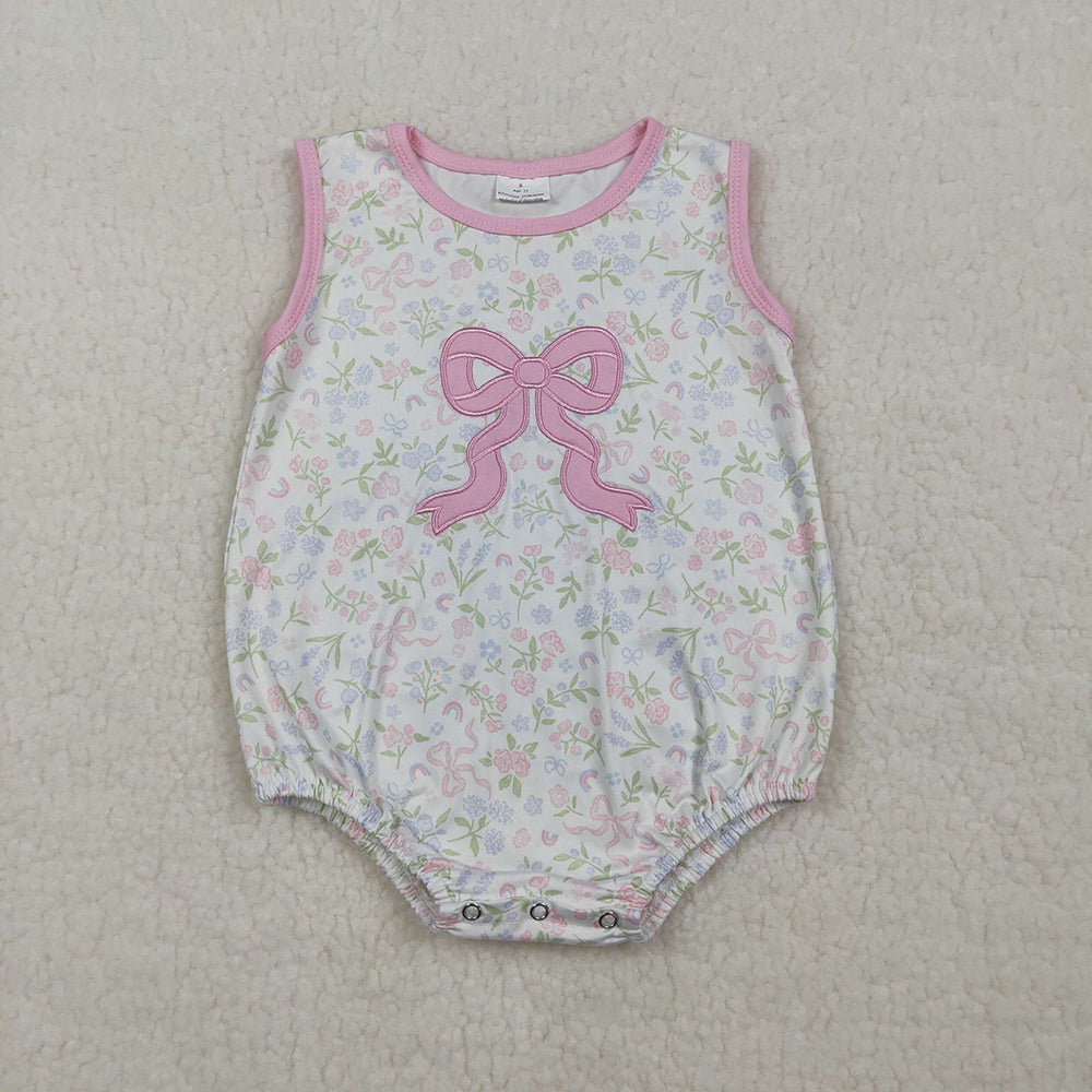 SR3727 Pink Floral Sleeveless Romper with Bow Embroidery - Girls