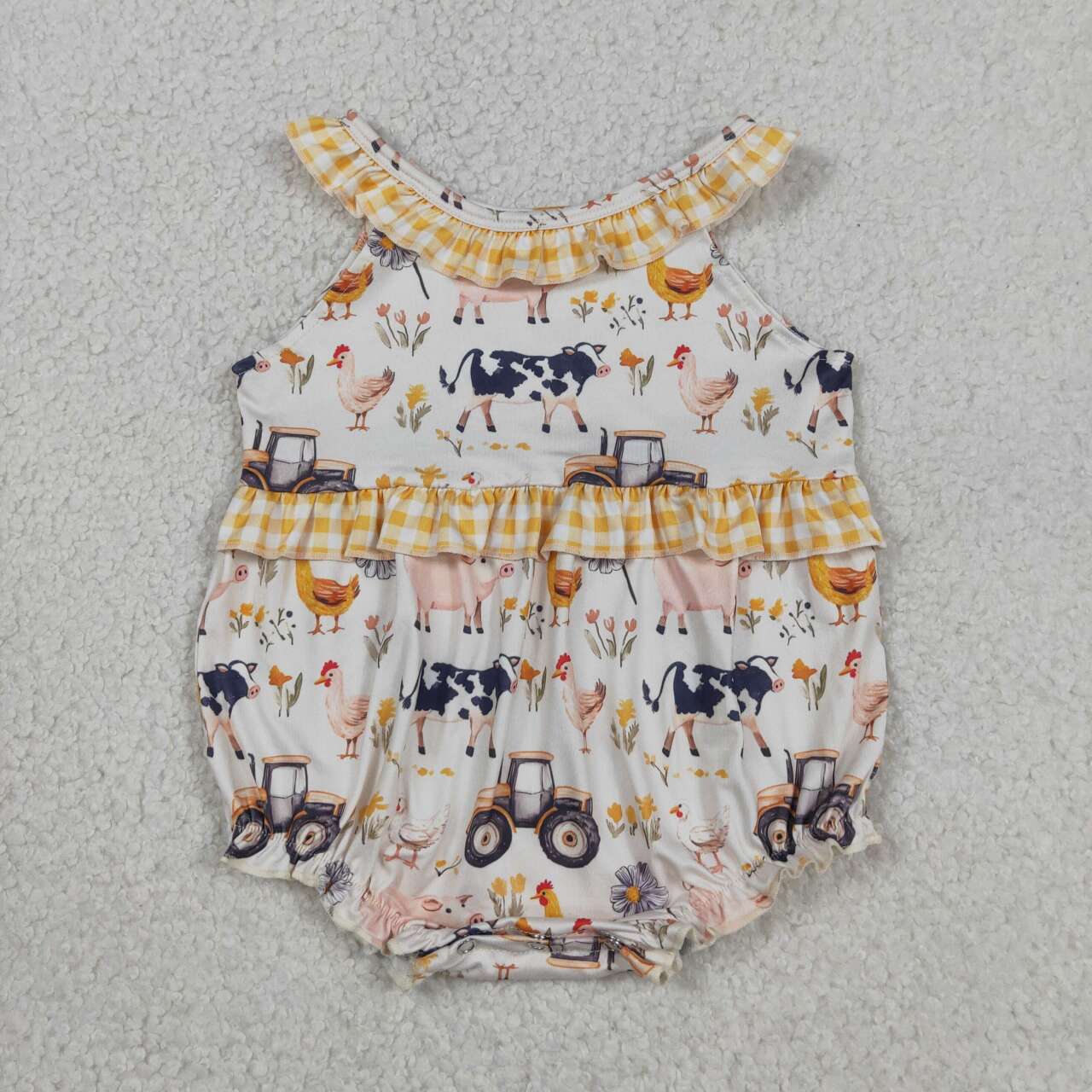 SR3848 Farm Animals Tractor Print Baby Girls Summer Sleeveless Romper