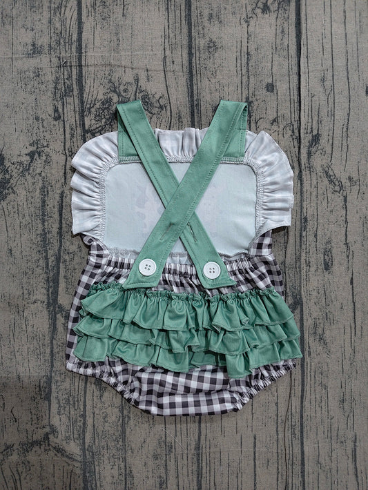 SR3866 Preorder Farm Animals Plaid Print Baby Girls Backless Strap Romper