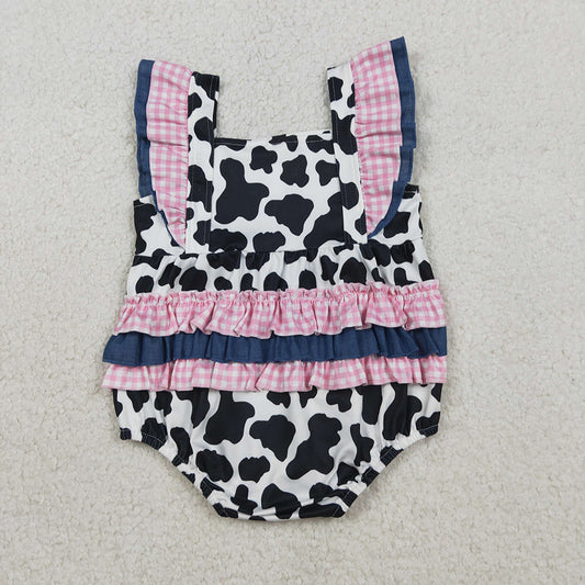 SR3898 Girls’ Pink Gingham Ruffle Cow Print Romper