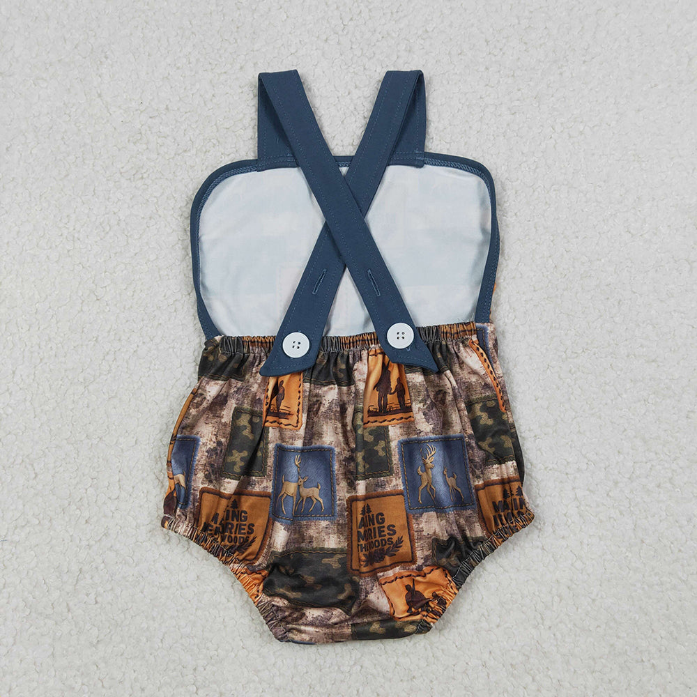 SR3925 Deer Camo Hunting Print Baby Boys Summer Strap Romper