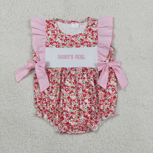SR3940 Daddy's Girl Embroidery Flutter Sleeve Flowers Bows Baby Girls Romper