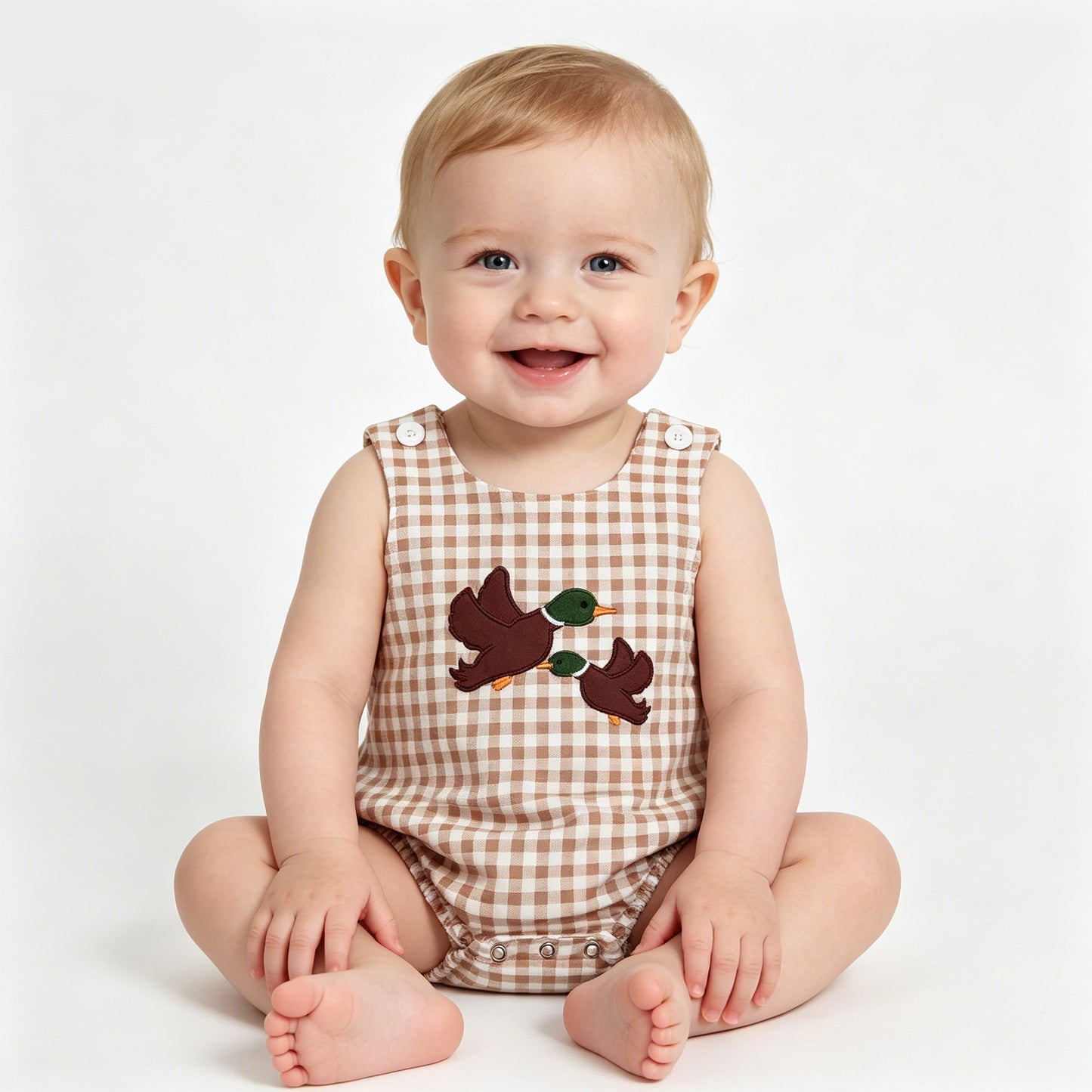 Toddler Boys Brown Gingham Mallard Duck Embroidery Bubble Romper