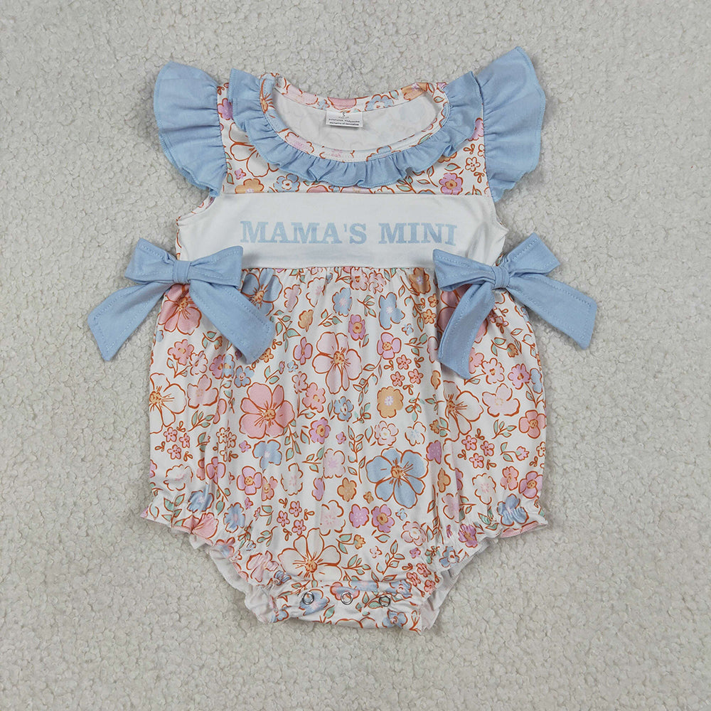 SR3973 Girls’ MAMA’S MINI Colorful Floral Romper with Blue Ruffle Bow Flutter Sleeves