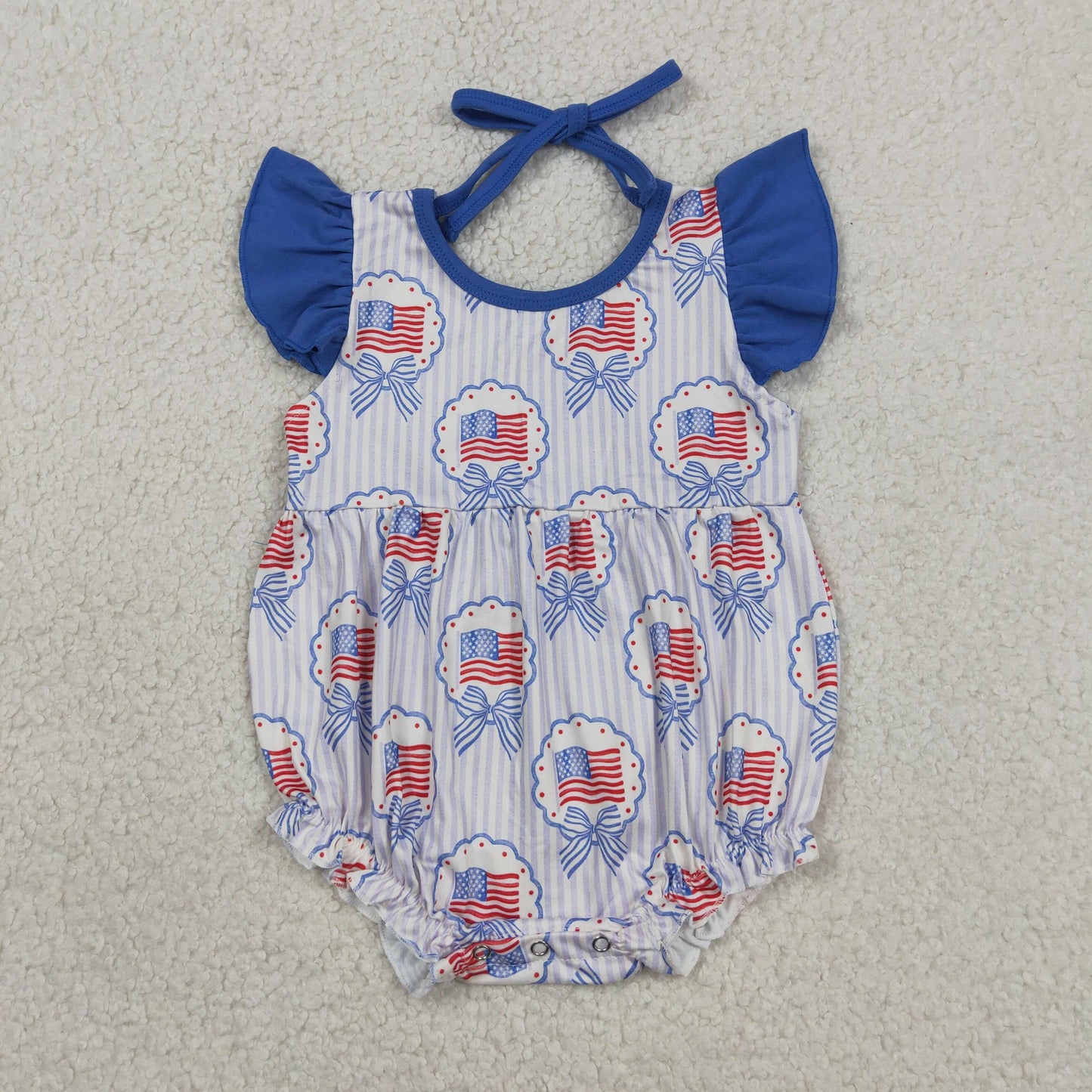 Patriotic American Flag Baby Girl Romper - 4th of July Ruffle Sleeve Halter Onesie