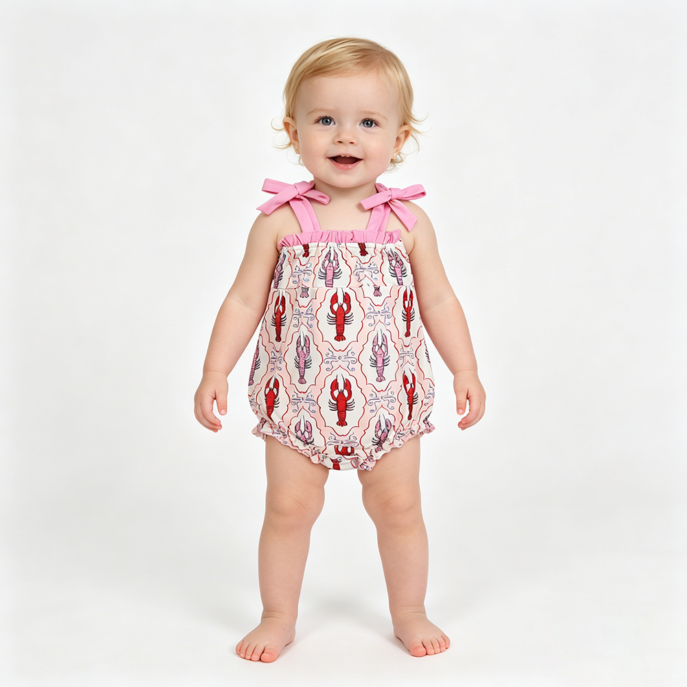 Crayfish Pink Girls Summer Strap Romper Dress Outfits Sisters Wear