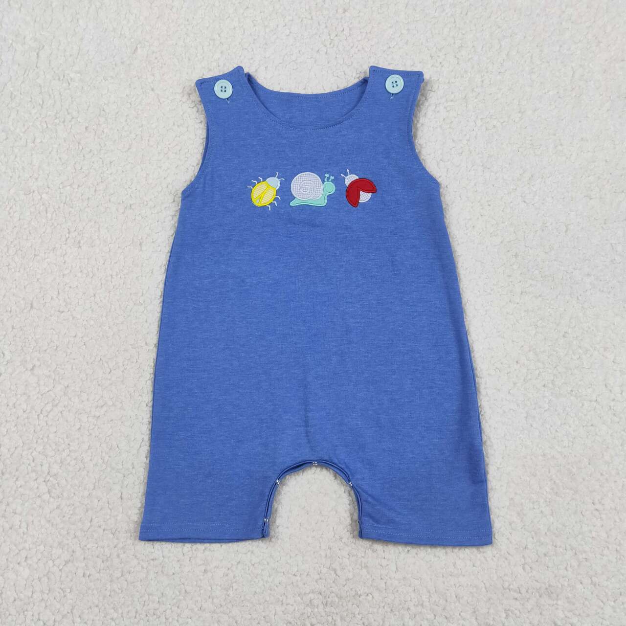 SR4036 Ladybirds Snails Embroidery Cotton Blue Baby Boys Summer Romper