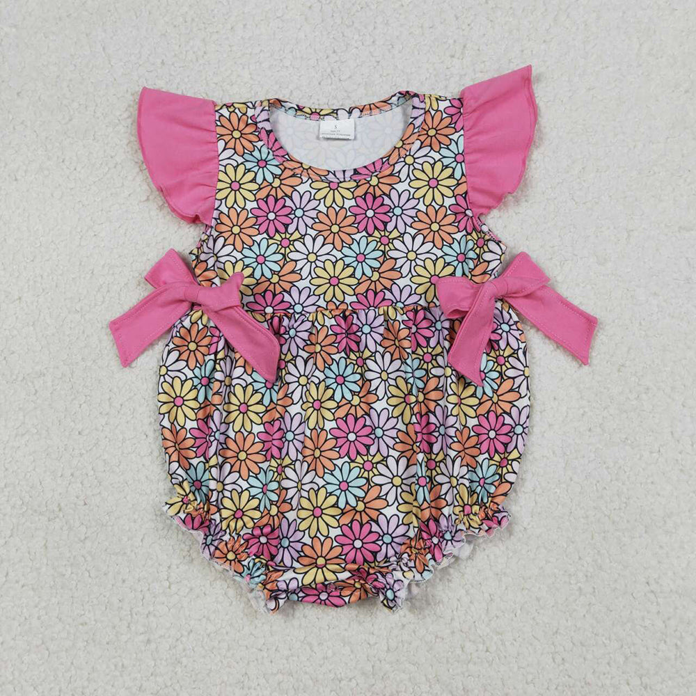SR4049 Girls' Colorful Flowers Flutter Sleeve Bow Romper
