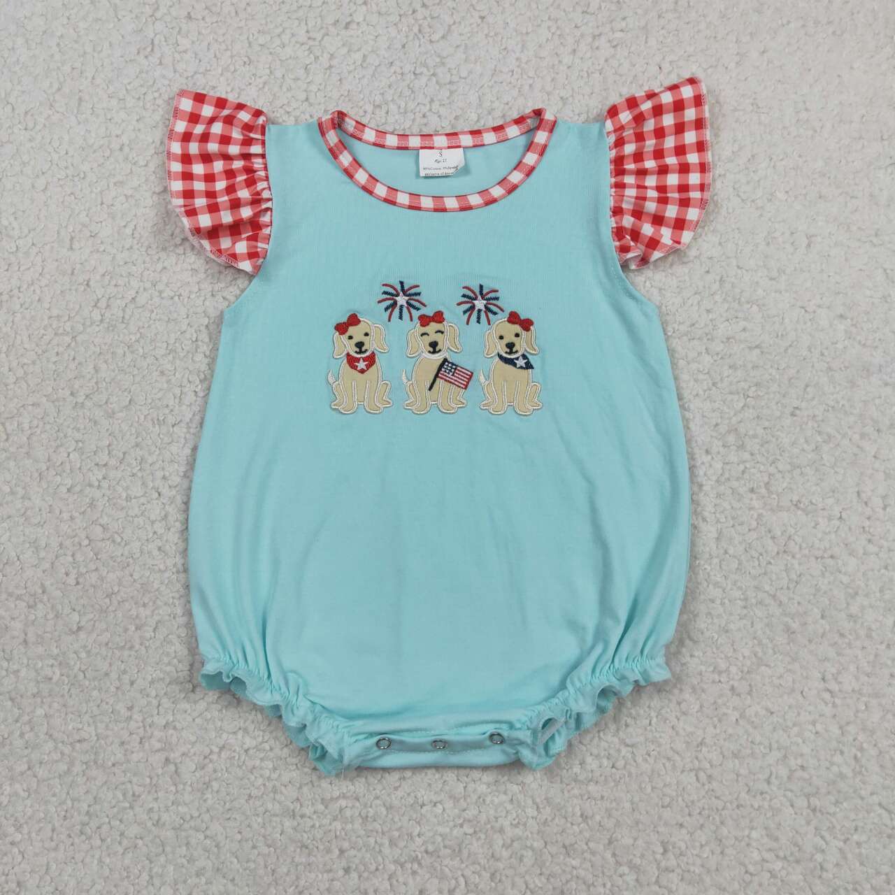 SR4051 Dog Flag Embroidery Blue Baby Girls 4th of July Romper