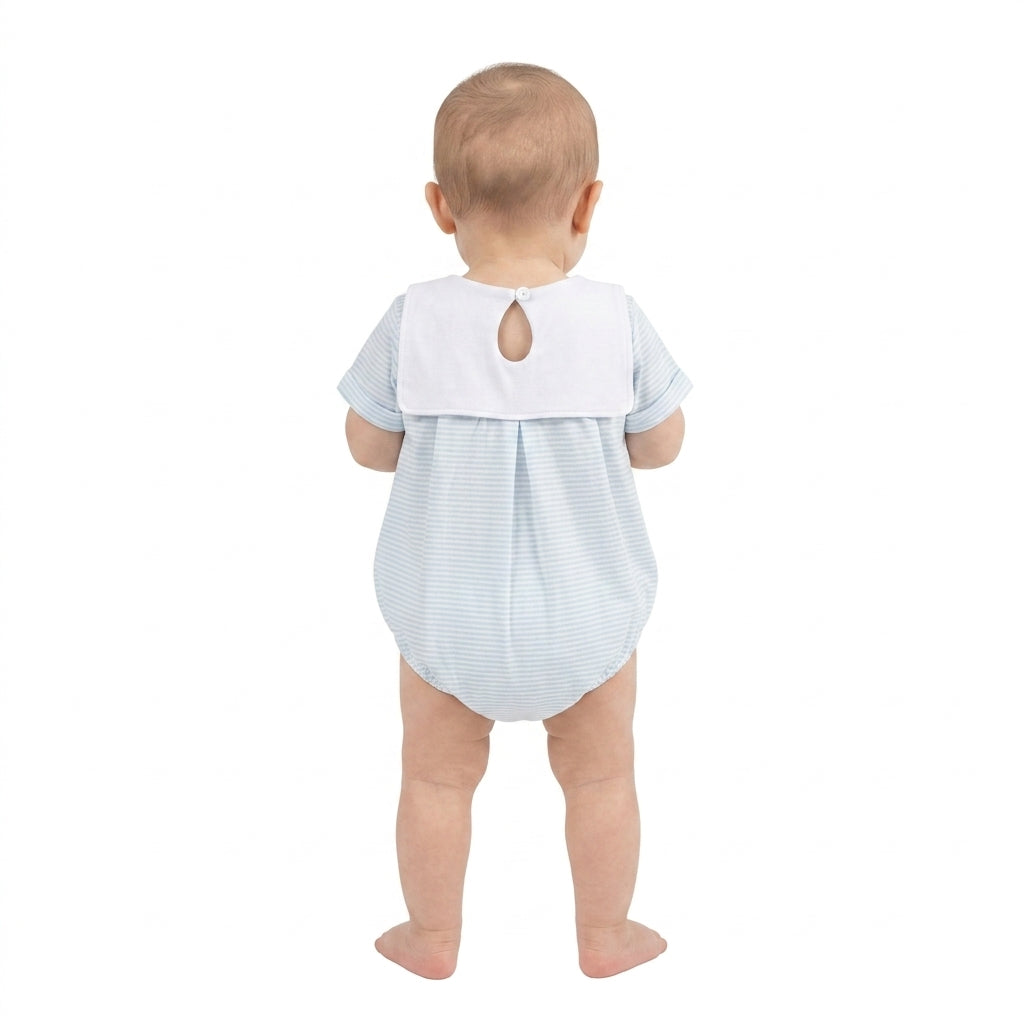 SR4075 Farm Tractors Embroidery Blue Stripes Baby Boys Short Sleeve Romper