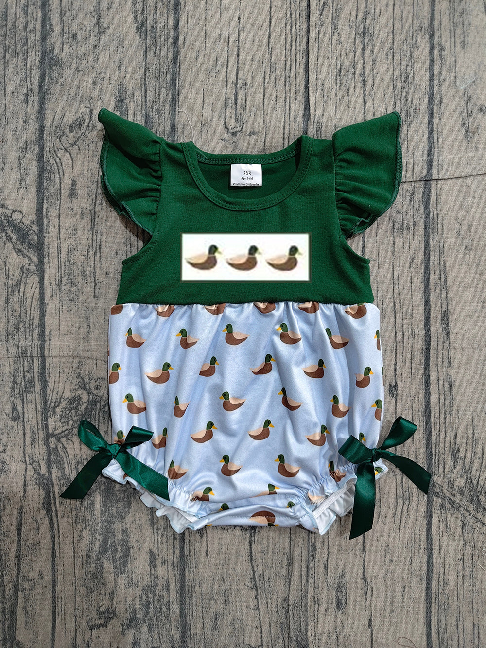 SR4091 Duck Embroidery Green Baby Girls Summer Romper