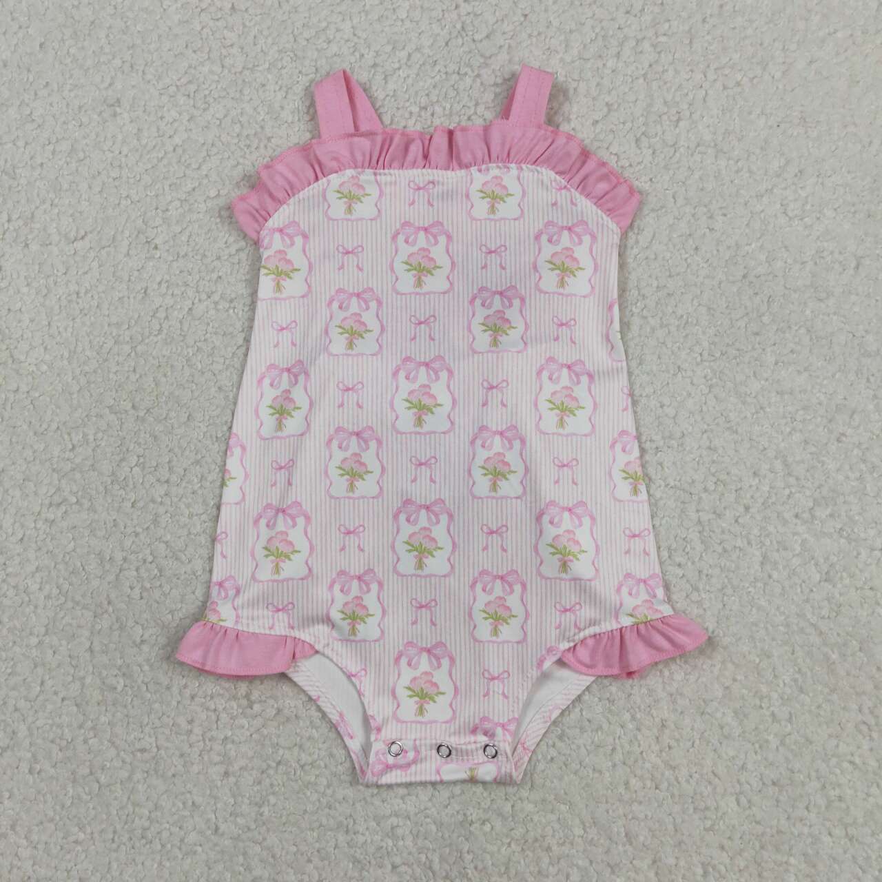 SR4112 Flowers Bows Stripes Pink Print Baby Girls Summer Strap Romper