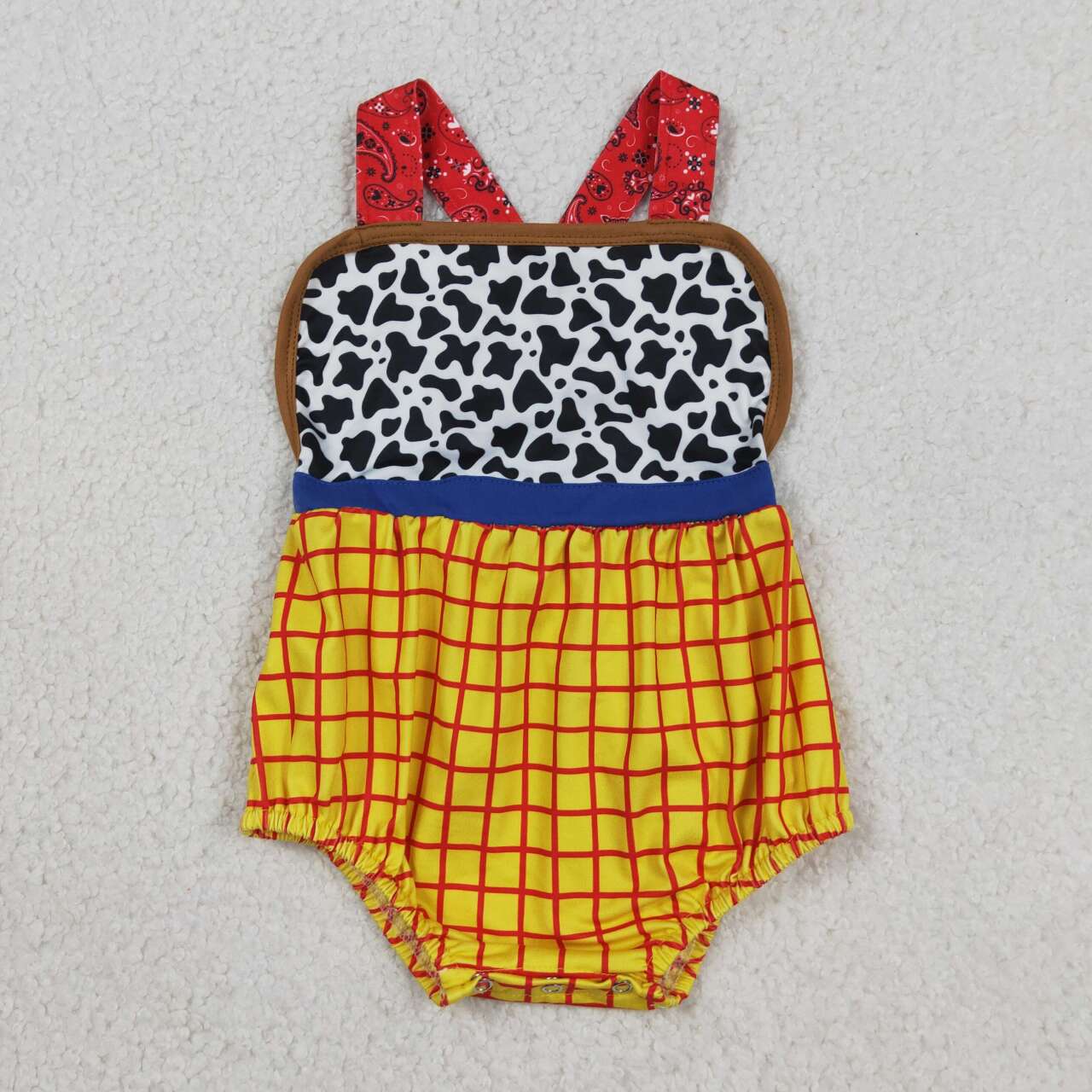 SR4114 Cartoon Toy Cow Plaid Print Baby Boys Summer Backless Strap Romper