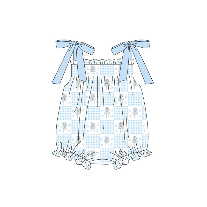 3.18 SR4124 Preorder Blue Small Flowers Plaid Print Baby Girls Summer Strap Romper