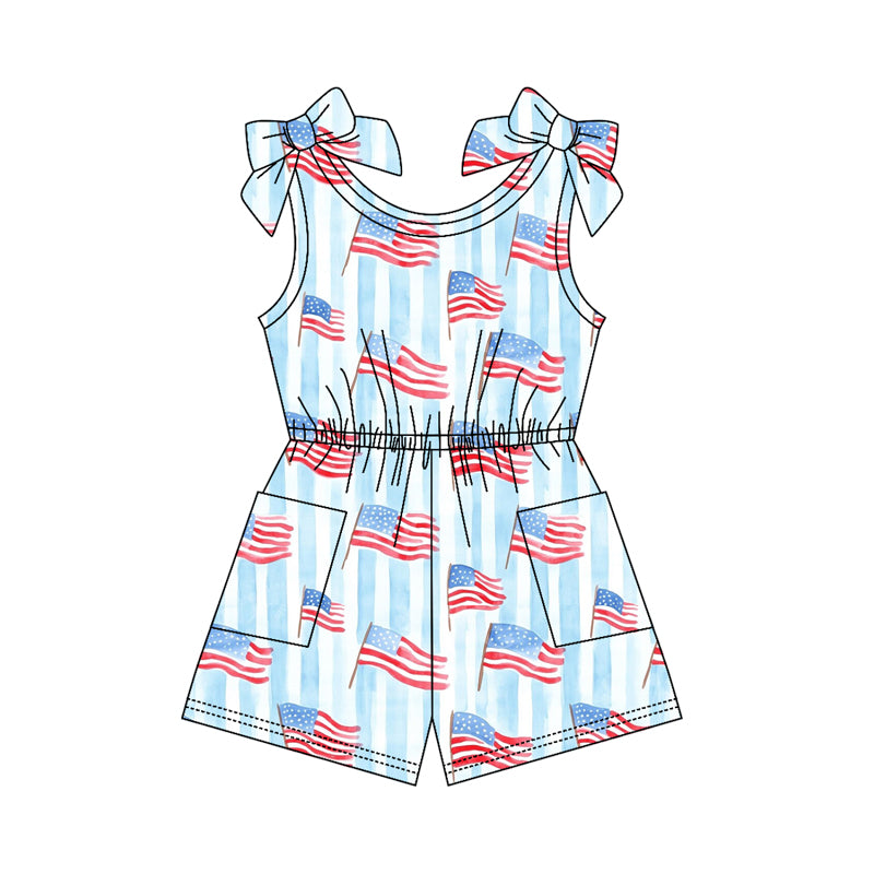 3.20 SR4130 Preorder Flag Stripes Print Girls 4th of July Sleeveless Pockets Jumpsuits