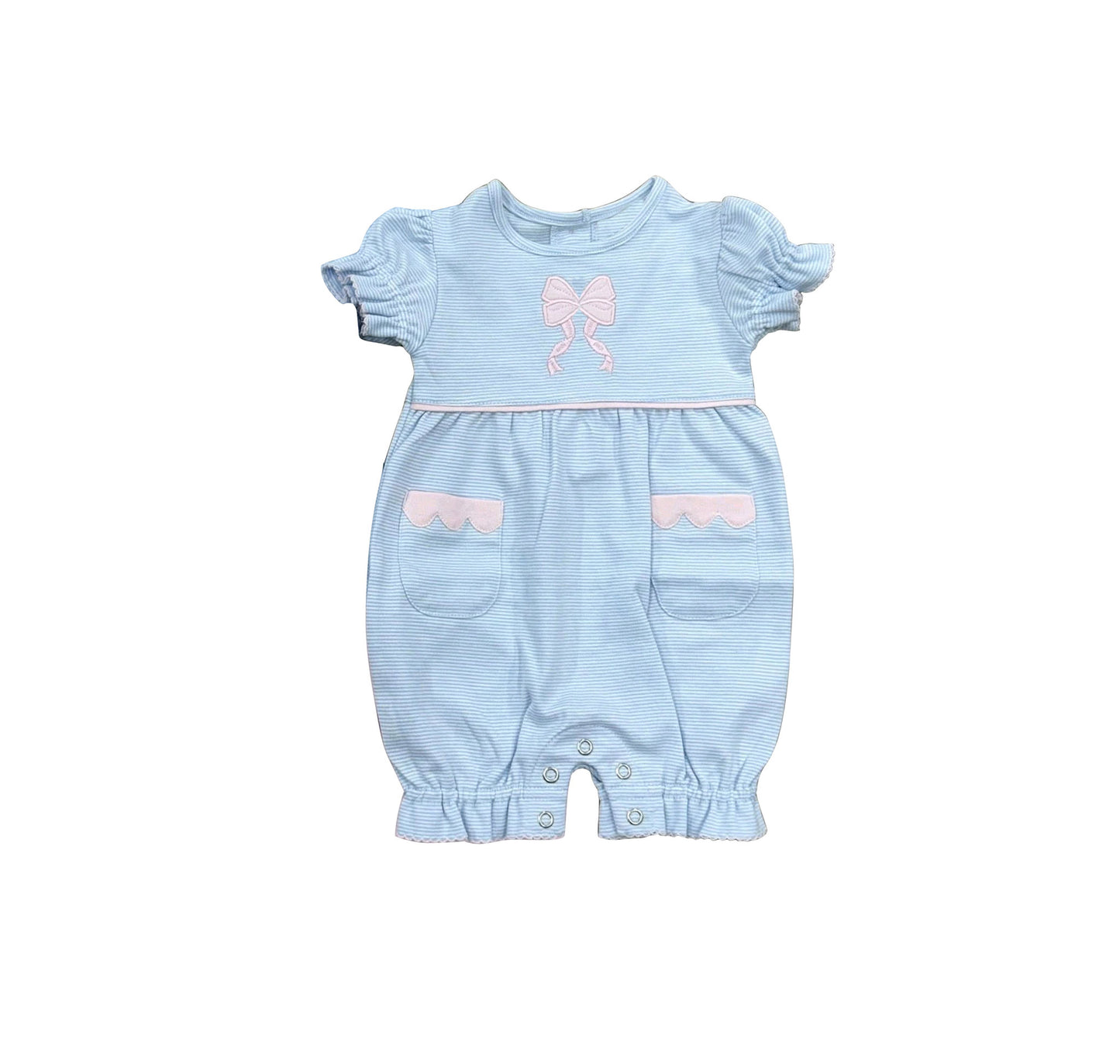 3.23 SR4150 Baby Girls Bow Blue Striped Short Sleeeve Romper Preorder