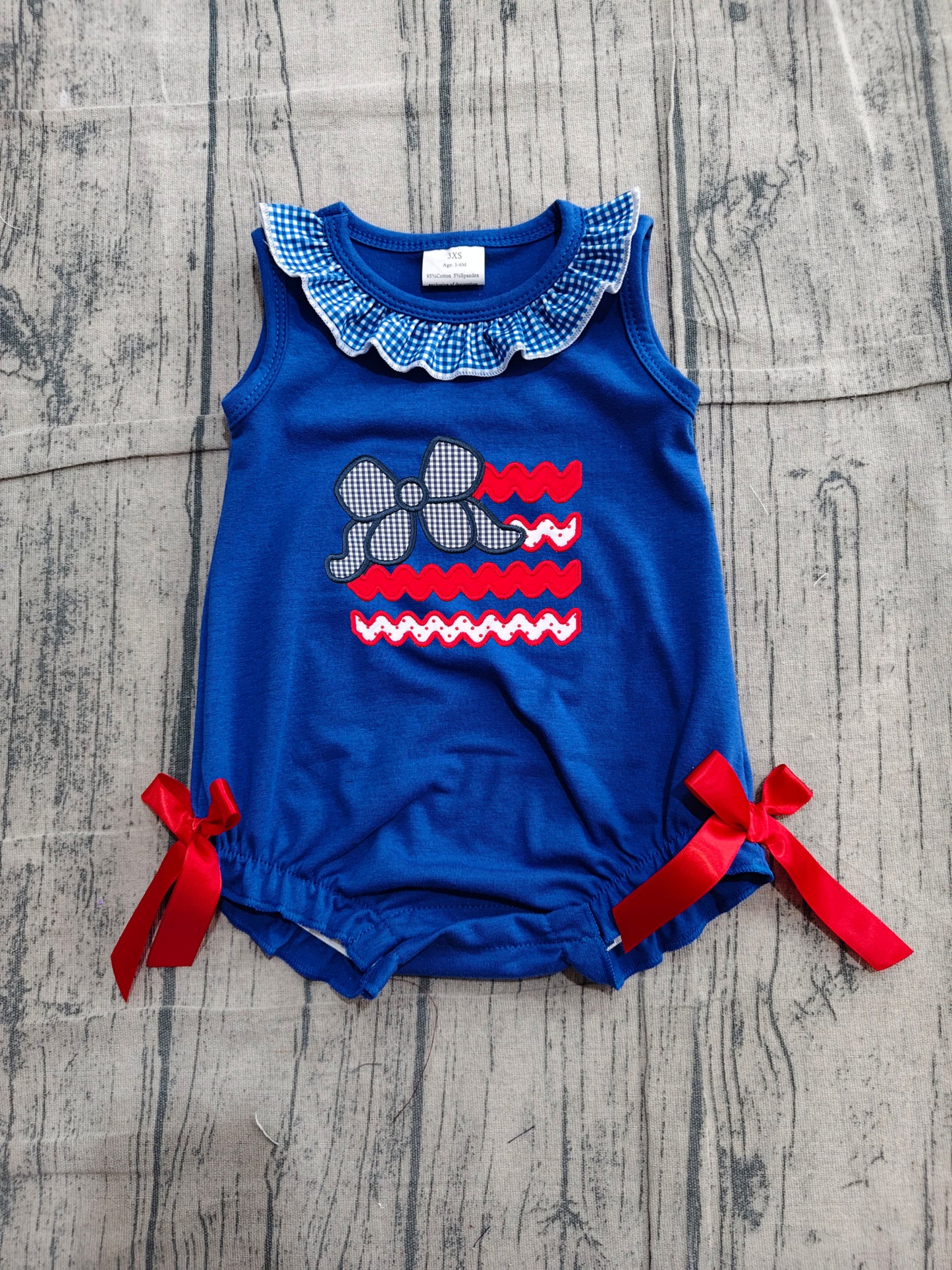 Baby 4th of July Bow Romper - Blue Sleeveless Ruffle Collar Bubble Onesie Preorder