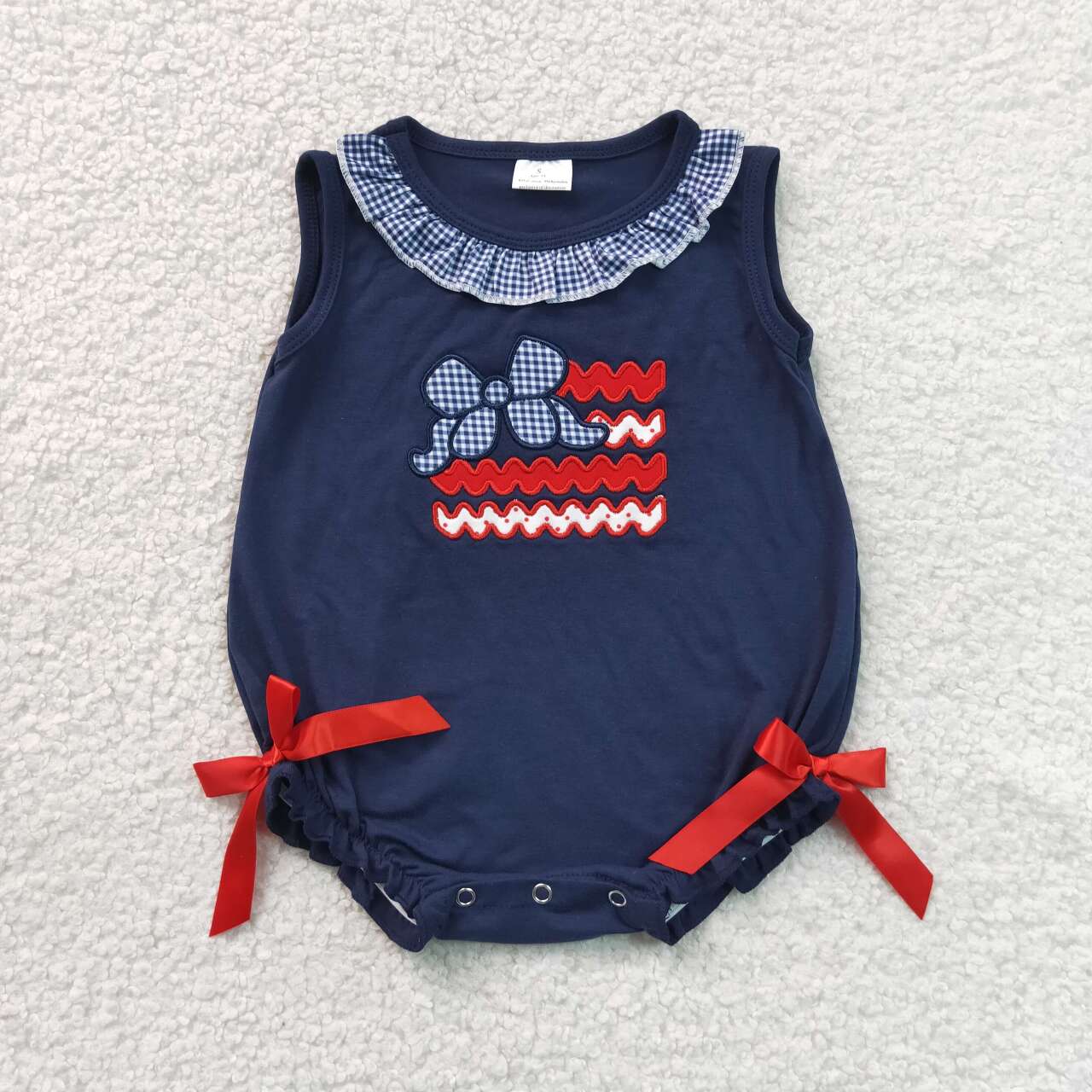 SR4152 Bow Flag Embroidery Navy Baby Girls Sleeveless 4th of July Romper