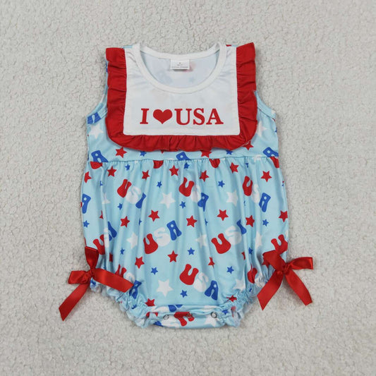 I LOVE USA Stars Print Baby Girls Sleeveless Bubble Romper