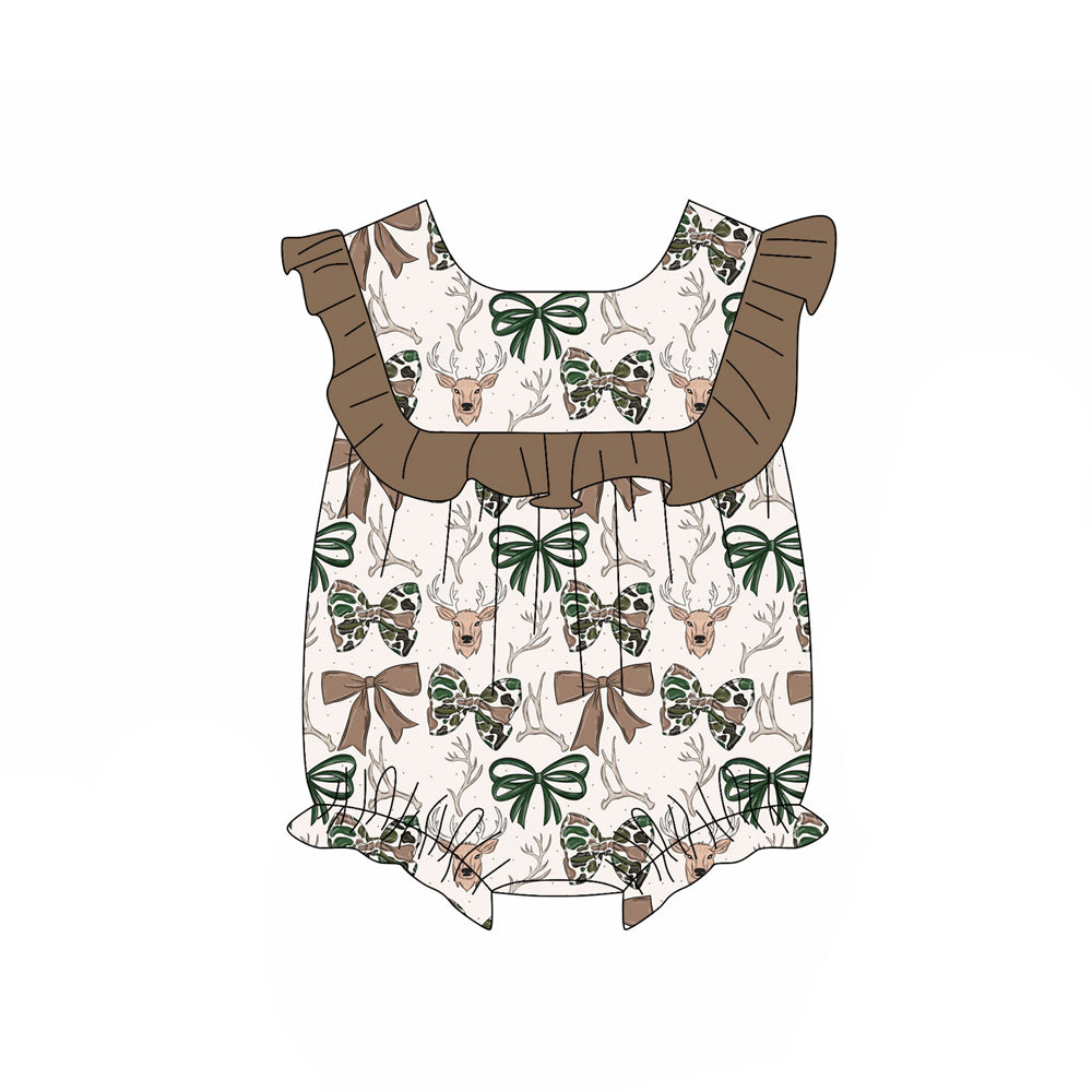3.28 Woodland Deer & Bow Print Baby Girl Romper Preorder