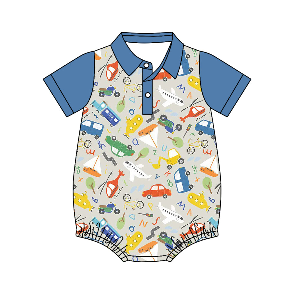 4.11 SR4179 Preorder Transportation Print Baby Boys Summer Romper