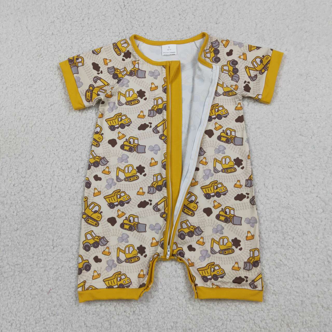 SR4183 Construction Trucks Yellow Print Baby Boys Summer Zipper Romper