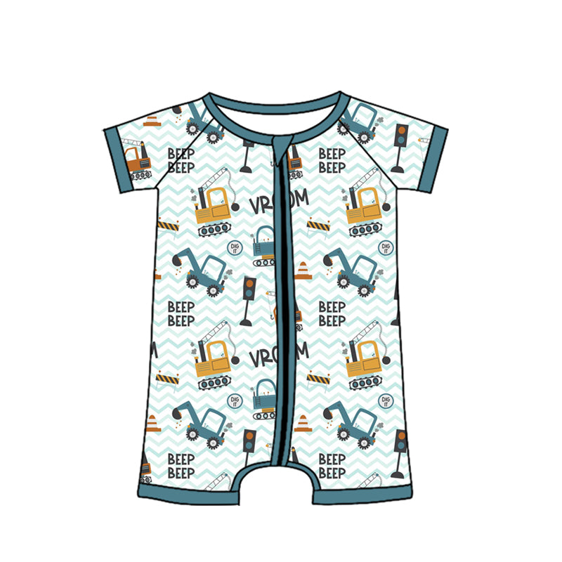 4.13 SR4184 Preorder Construction Trucks BEEP Print Baby Boys Summer Zipper Romper