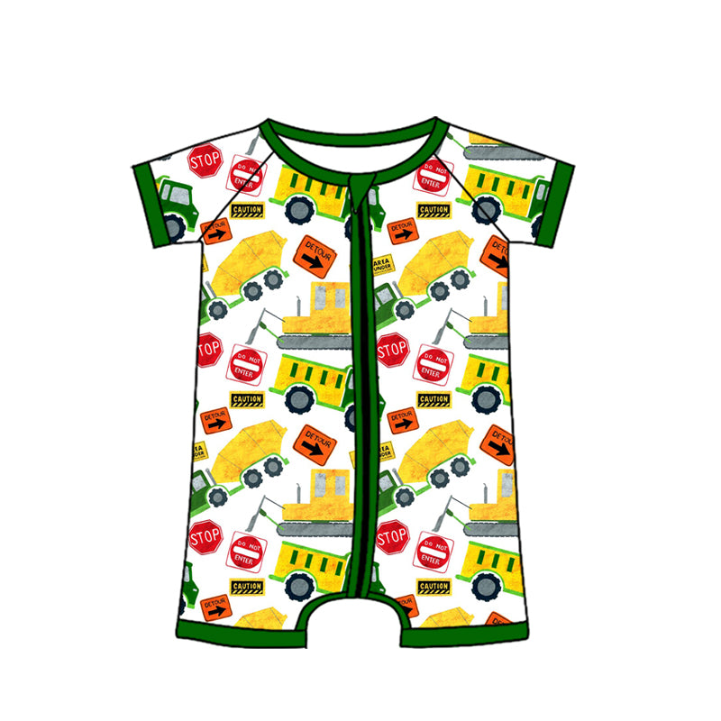 4.13 SR4185 Preorder Construction Trucks STOP Print Baby Boys Summer Zipper Romper