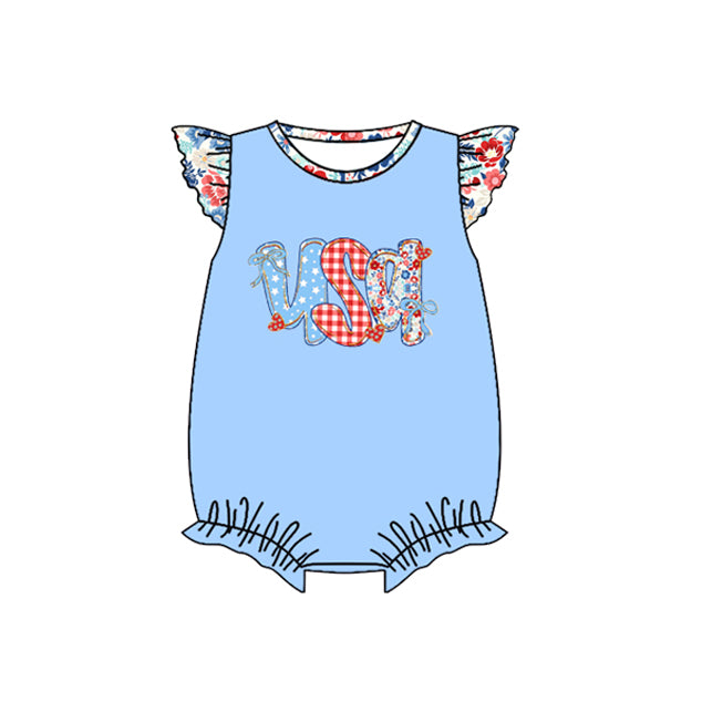 4.15 SR4186 Preorder USA Flowers Print Baby Girls 4th of July Romper